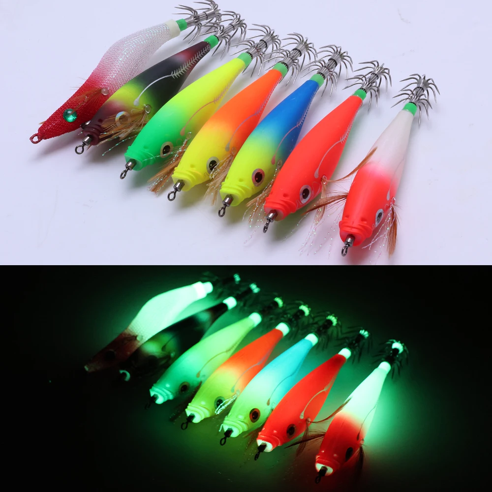 14 Uds. De cremas de madera horizontales luminosas, cebo falso con plantilla de calamar, absorbe la luz y emisión de luz, señuelo de pesca en el mar, anzuelo de calamar afilado - imagen 4