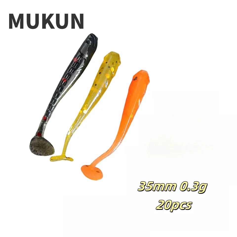 Señuelo de pesca suave para Ajing Rockfish Bass Swimbait, cebo de silicona, 35mm, 0,3g, cola T, Wobbler, lote de 20 unidades