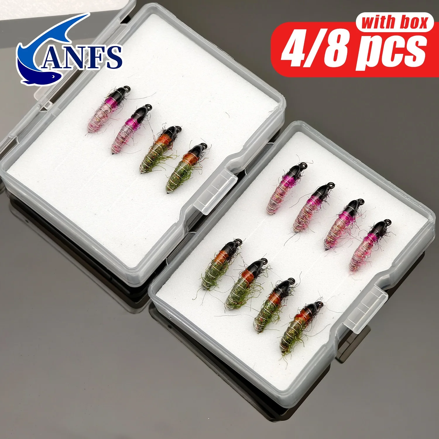 ANFS 4pcs/8pcs Colores surtidos Señuelos de pesca con mosca Premium Checa Ninfas y Scud - Ideal para trucha, lubina, Bluegill en agua dulce