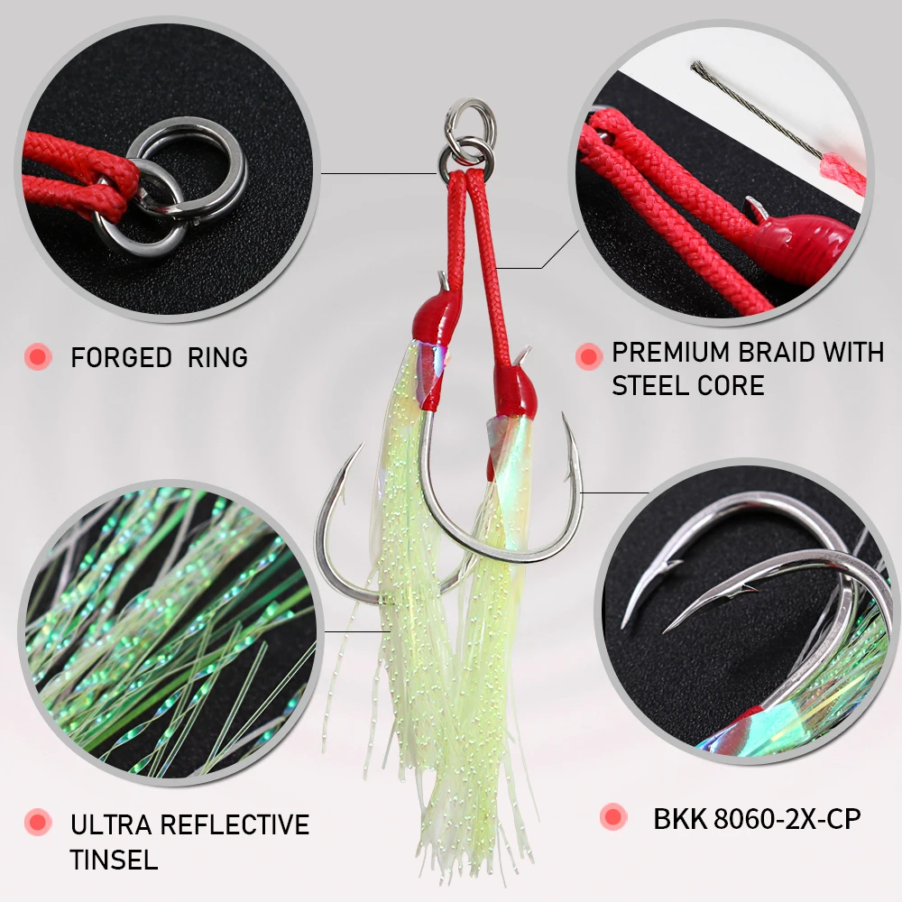 JIGGING PRO 1/0 2/0 3/0 4/0 anzuelos de doble asistencia de alta resistencia núcleo de alambre de acero anzuelos de Jigging aparejos de pesca luminosos de agua salada - imagen 5