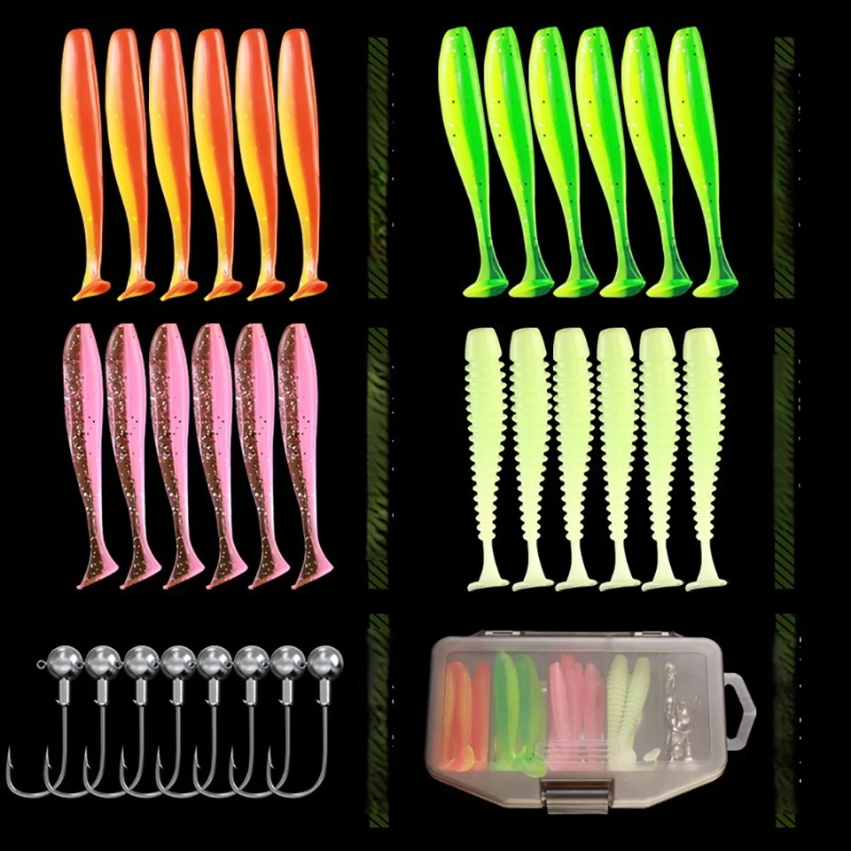 WALK FISH-Kit de señuelos suaves para pesca, lote de 32 unidades, 7cm, 2g, anzuelos de cabeza plomada, 3,5 cm, 5g, con caja de aparejos de pesca - imagen 4