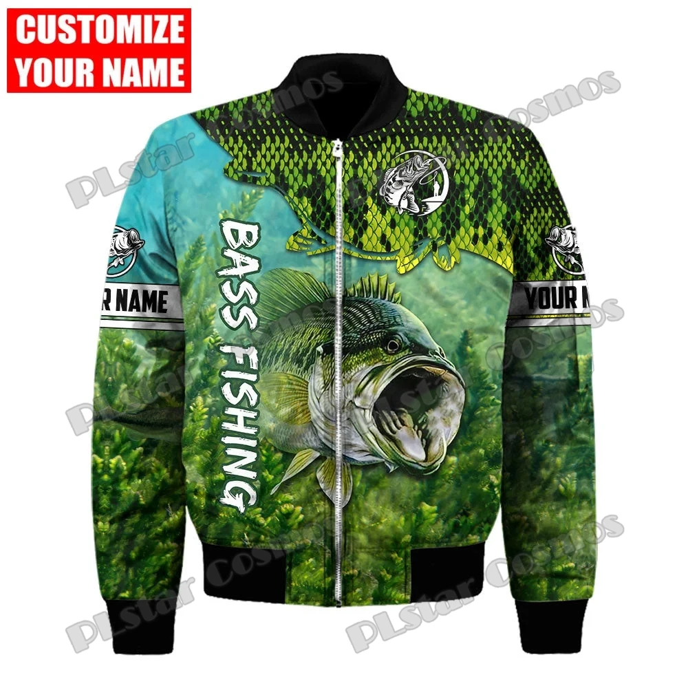 Chaqueta Bomber de invierno para hombre, pesca de lubina y Marlin, nombre personalizado, estampado 3D, abrigo grueso con cremallera y bolsillo, chaqueta cálida informal Unisex con cremallera FX-13