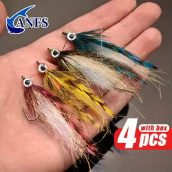 ANFS 4 Uds Streamer Fly con caja, señuelos de pesca con mosca con cabeza de acero para trucha salmón de hundimiento lento