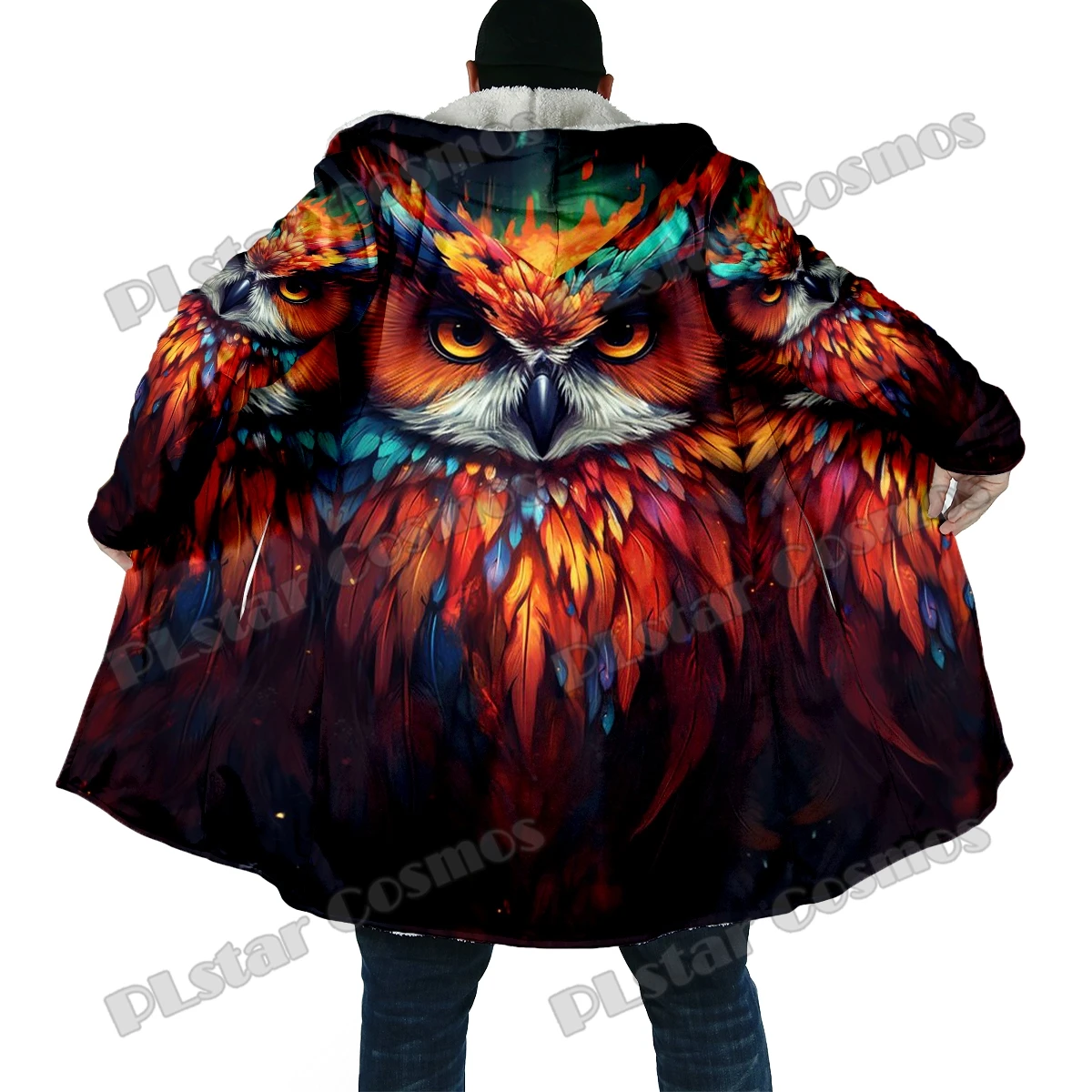 Capa de moda de invierno para hombre, capa con capucha de lana gruesa con estampado 3D de búho Animal, capa cálida informal Unisex BB57 - imagen 2