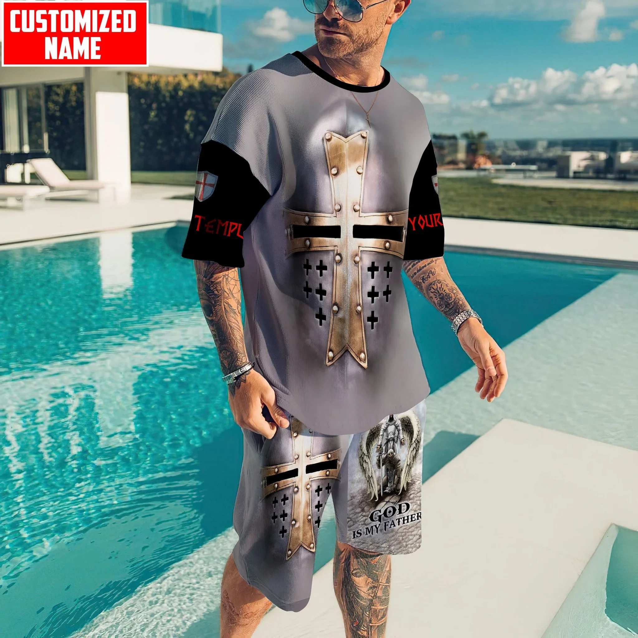 Caballero Templario guerrero León nombre personalizado 3D impreso conjunto de camiseta y pantalones cortos para hombre Combo Unisex estilo de verano camiseta Casual TZD01 - imagen 4