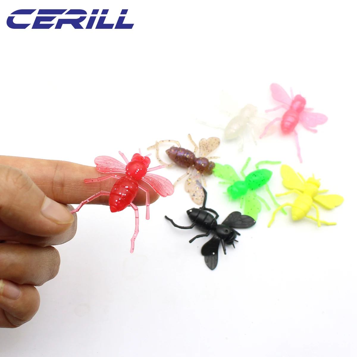 Cerlls-Lote de 20 Señuelos de Pesca blandos de 40mm, cebo de silicona brillante para insectos, Mosca, gusano de abeja vívida, trucha marina, carpa biónica, aparejos artificiales - imagen 5