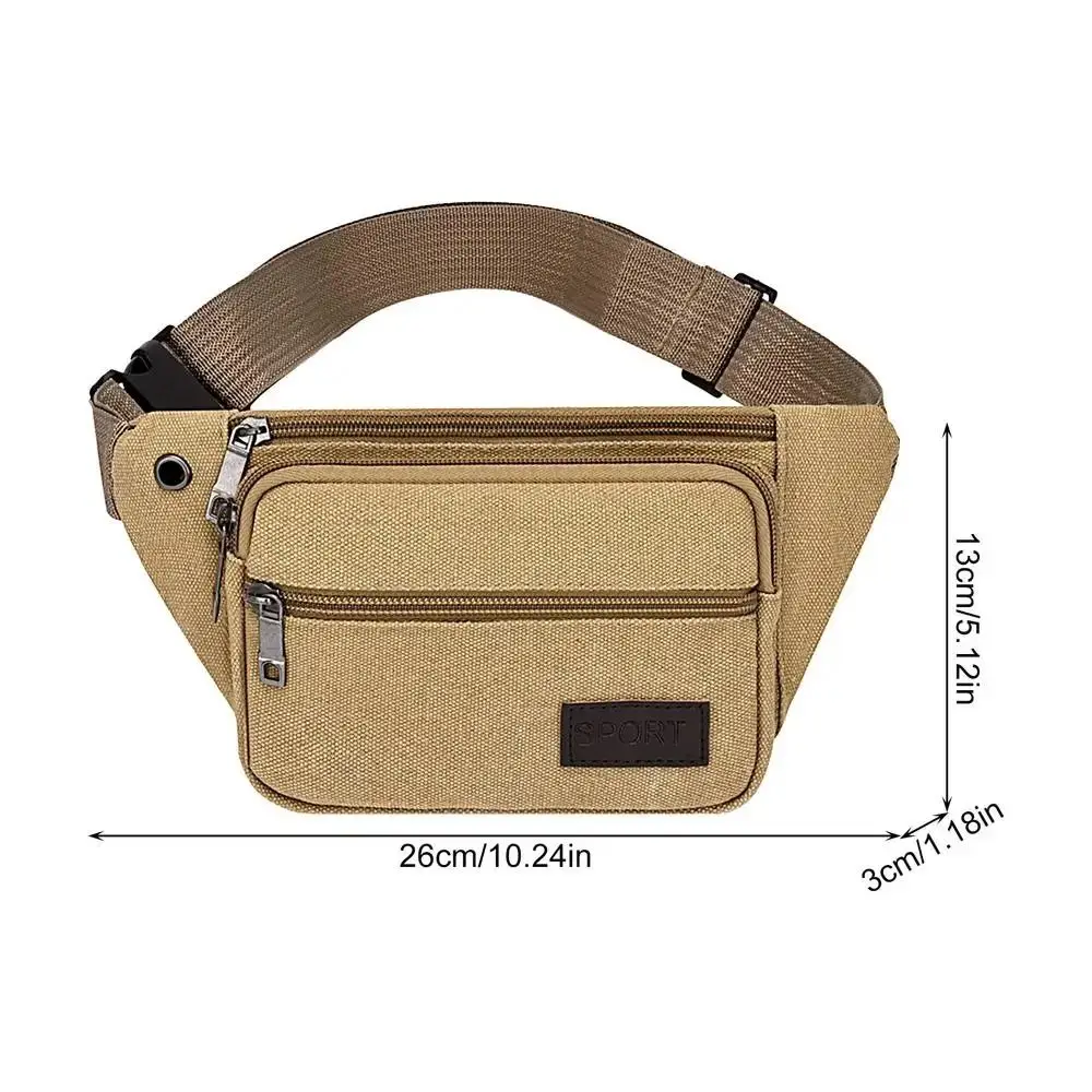 Esta elegante bolsa de cintura beige presenta múltiples compartimentos con cremallera y correas ajustables para conveniencia y estilo