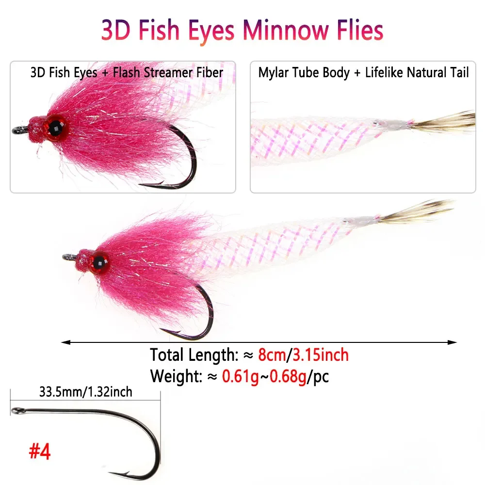 Bimoo # 4 3/5 Uds 3,15 "de largo ojos de pez 3D Mylar Minnow moscas Flash tubo Grizzly Hackle cola Baitfish Streamer lubina trucha señuelo de pescado - imagen 3