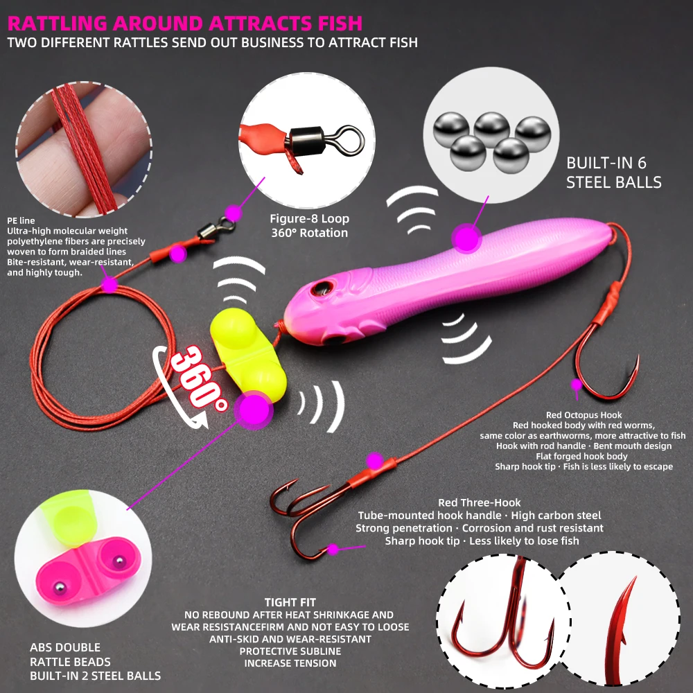 ZYZ 1 pieza de aparejos de bagre con gancho en J individual rojo y anzuelos triples, señuelo flotante, aparejos de cebo vivo, Ideal para anzuelos de cuerda de bagre de agua dulce - imagen 4