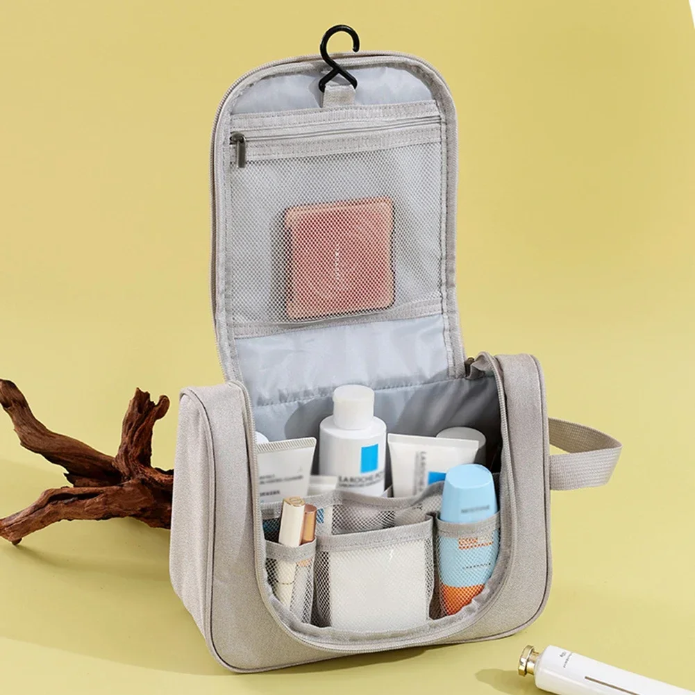 Bolsa de viaje plegable para maquillaje con gancho y forro impermeable