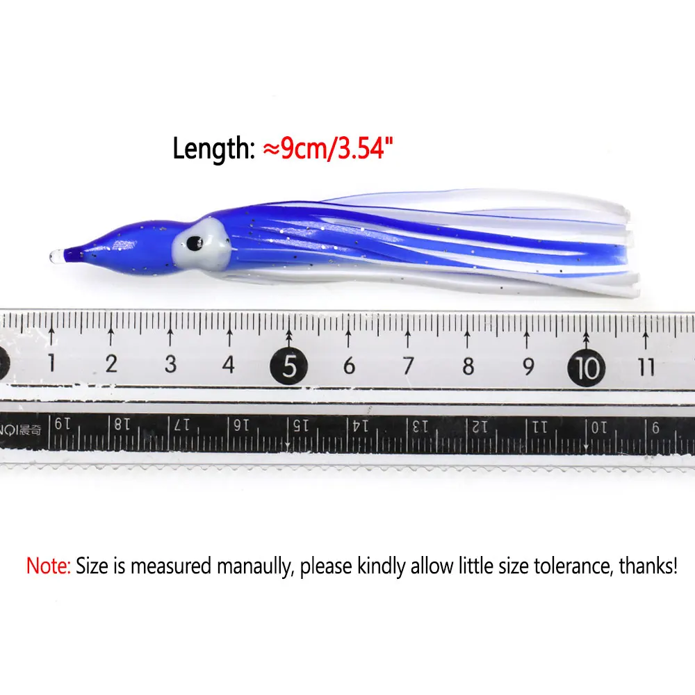 Bimoo-falda de calamar suave, anaranjado, rojo, azul, plástico luminoso, pulpo, Señuelos de Pesca de agua salada, 2 bolsas = 10 piezas, 9cm - imagen 3