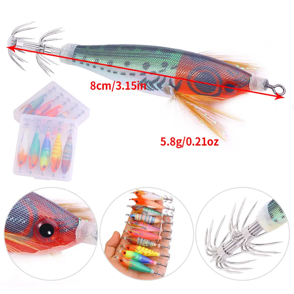 5 unidades de plantillas de calamar horizontales, 8cm, 5,8g, señuelo de pesca, anzuelo de calamar Artificial, cebos de Jigging chapados para pesca en el mar, sepia luminosa - imagen 2