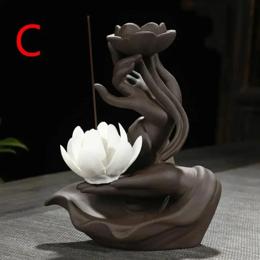 Quemador de incienso Mano de Buda con Guanyin y loto, arena púrpura - imagen 3