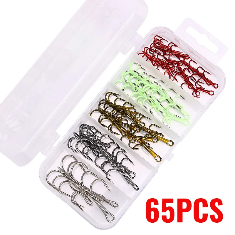 WEIHE 65PCS 5 colores 2 #   4 #   6 #   8 #   10 #   Kit de anzuelos triples de acero rico en carbono, anzuelos de pesca combinados, anzuelos triples de pesca - imagen 5