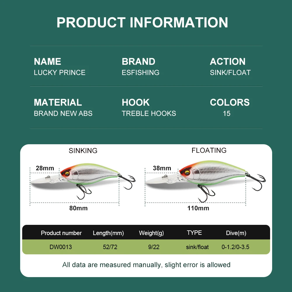 ESFISHING nuevo 2023 cebo duro Lucky Prince 52mm 72mm calidad de profundidad manivela Wobbler señuelo de pesca aparejos anzuelos tripples para lubina rosa - imagen 4