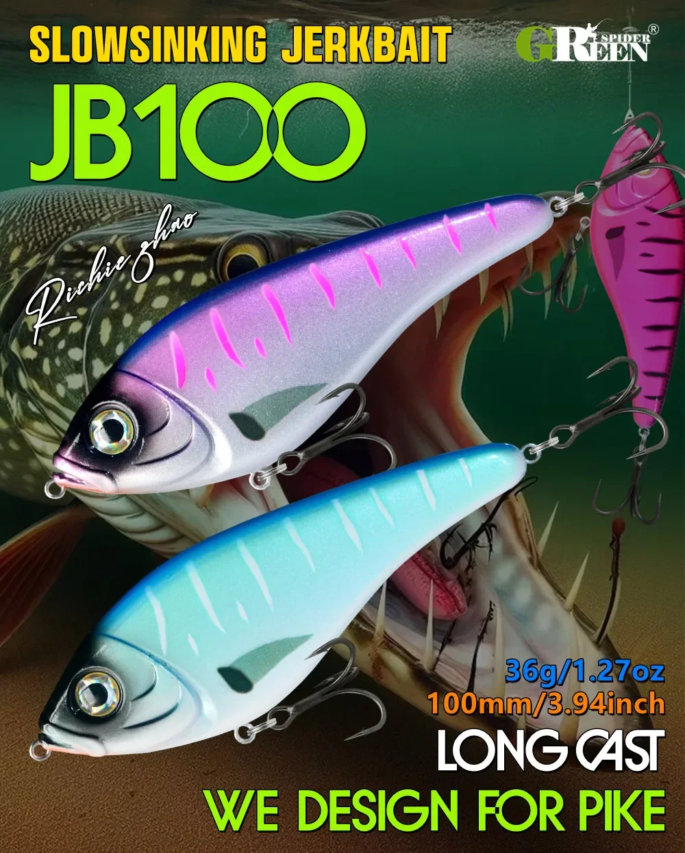 Jerkbait GREENSPIDER vista lateral 100mm 36g