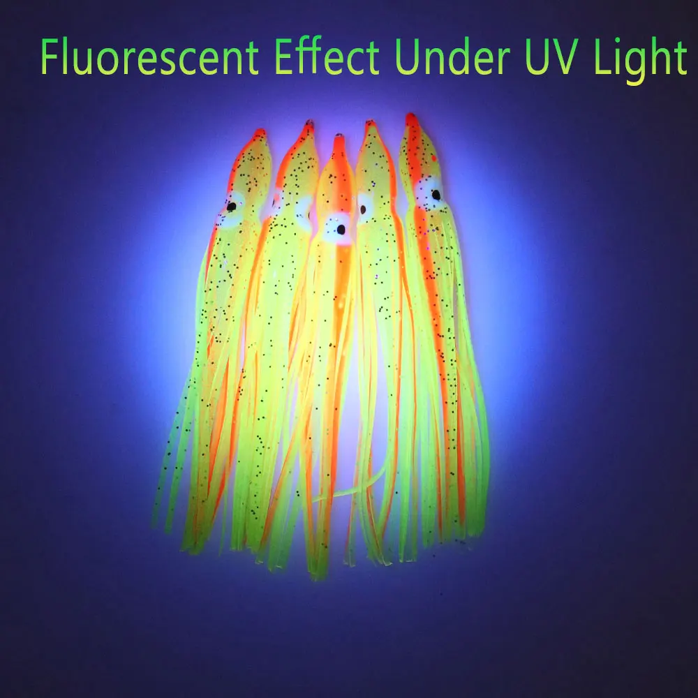 Bimoo, 2 bolsas = 10 Uds., calamares con cabeza de bombilla de 12cm con ojos luminosos, faldas de calamar suaves, señuelos, falda de pulpo, Señuelos de Pesca de agua salada - imagen 4