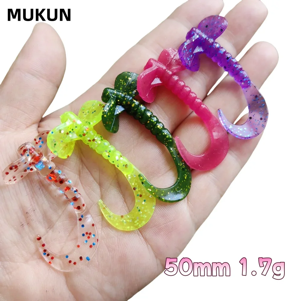MUKUN, 10 Uds., nuevas Señuelos de Pesca blandos, 1,7g/50mm, cebo Artificial de plástico suave que se hunde, cebo suave en espiral, aparejos de pesca de lubina Wobbler - imagen 3