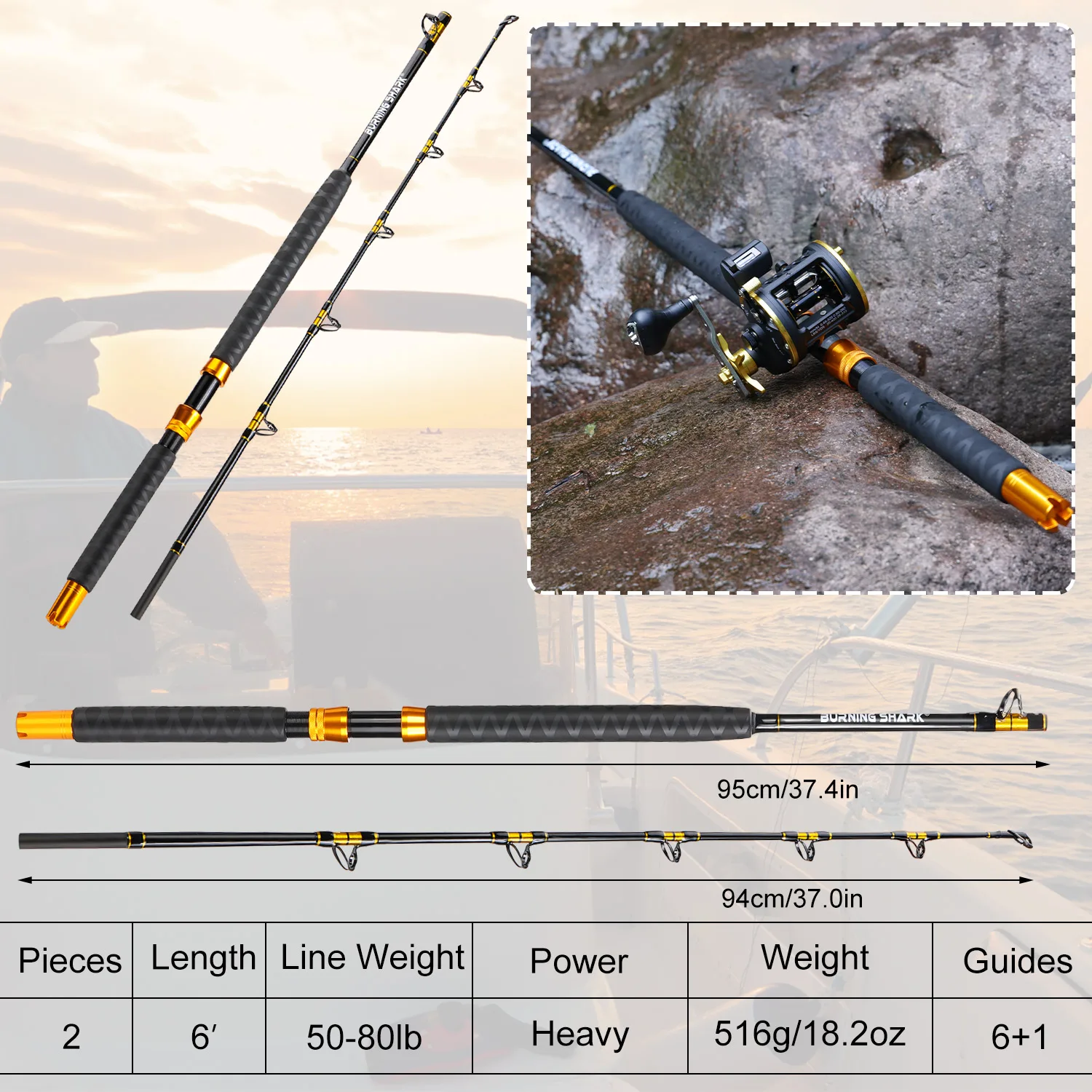 Sougayilang, 2 secciones, 1,8 m, caña de pescar Jigging, caña de pescar de mar, caña de pescar pesada, arrastre máximo, 20Kg, agua salada convencional - imagen 3
