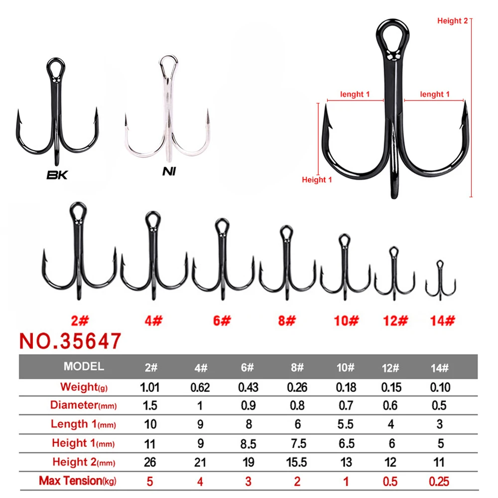50 unids/caja anzuelo afilado de acero alto de carbono para pesca, anzuelo triple con manivela fuerte, anzuelos de púas para carpa, pesca en el mar, atado de moscas, señuelo 2-14 # - imagen 5