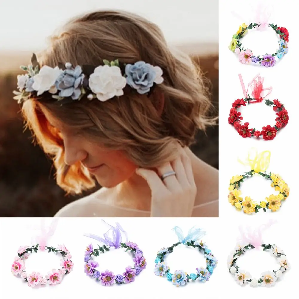 con cinta ajustable, diademas de hojas y flores, tocado de Halo nupcial, corona de flores rosas, corona Floral para niñas, guirnalda bohemia