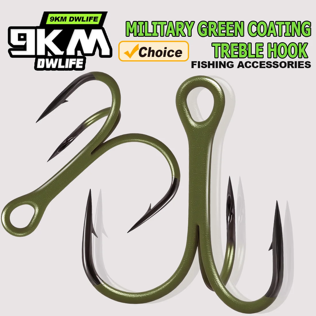 Anzuelos triples de pesca de 9KM, anzuelo Triple con revestimiento verde militar, 10 Uds., anzuelo curvo redondo para bagre, lubina, trucha, agua salada y agua dulce