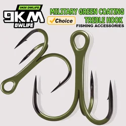 Anzuelos triples de pesca de 9KM, anzuelo Triple con revestimiento verde militar, 10 Uds., anzuelo curvo redondo para bagre, lubina, trucha, agua salada y agua dulce