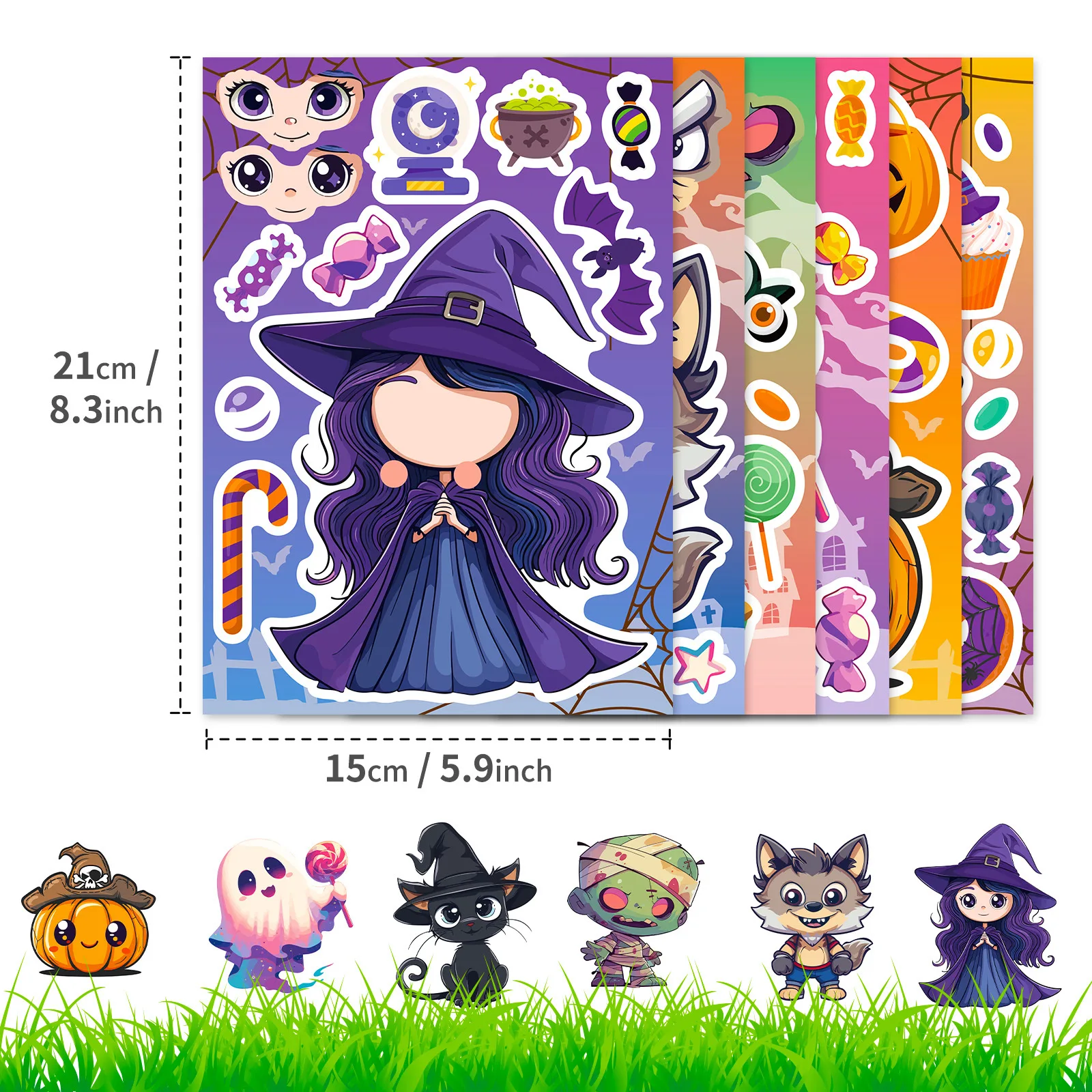 6 hojas de Halloween DIY rompecabezas pegatinas juegos 6 calabaza fantasma momia bruja hacer una cara divertido montar rompecabezas pegatinas juguetes para niños - imagen 5