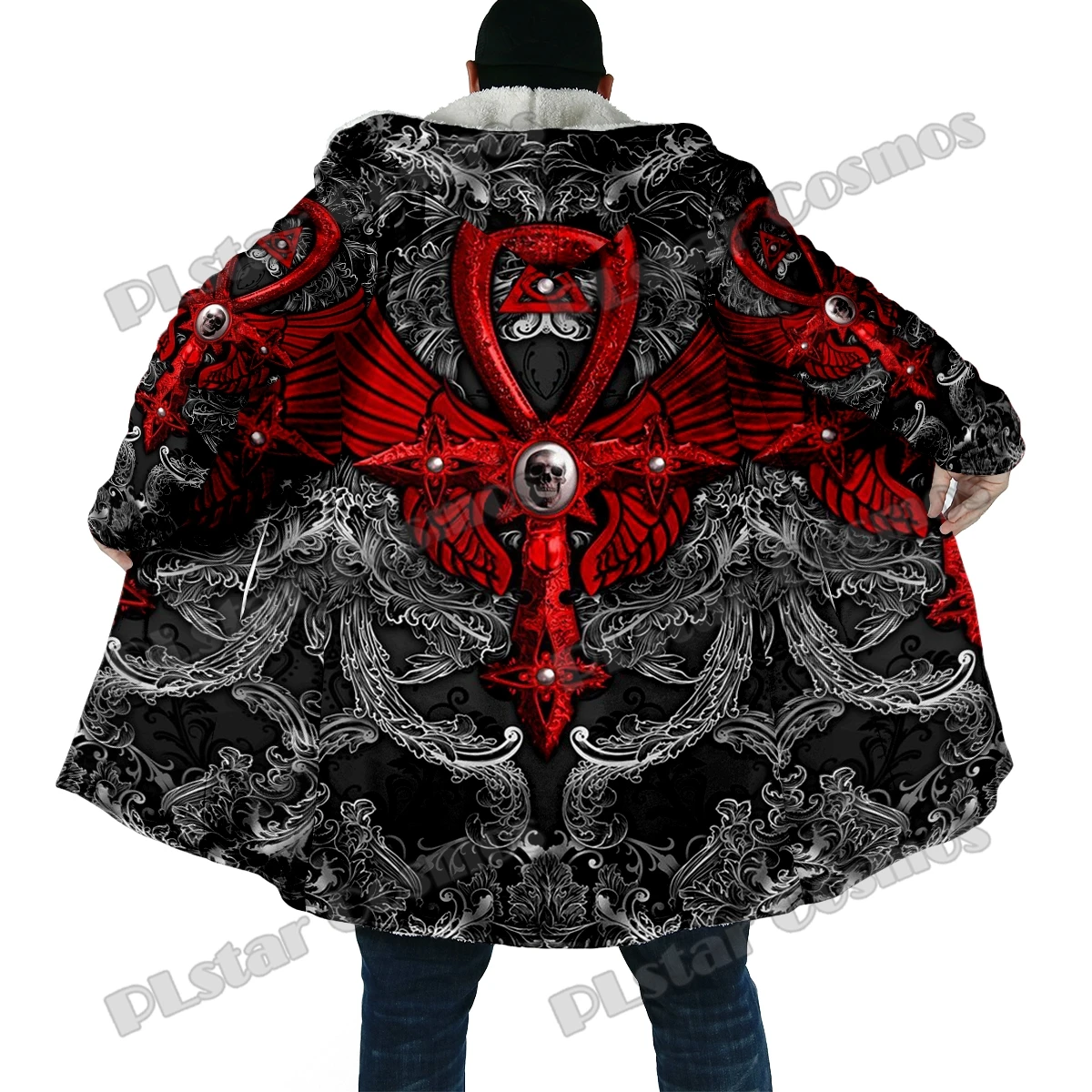 Capa de invierno a la moda para hombre, capa con capucha de lana gruesa con estampado 3D de Ankh y calavera del Antiguo Egipto, capa cálida informal Unisex DP37 - imagen 3