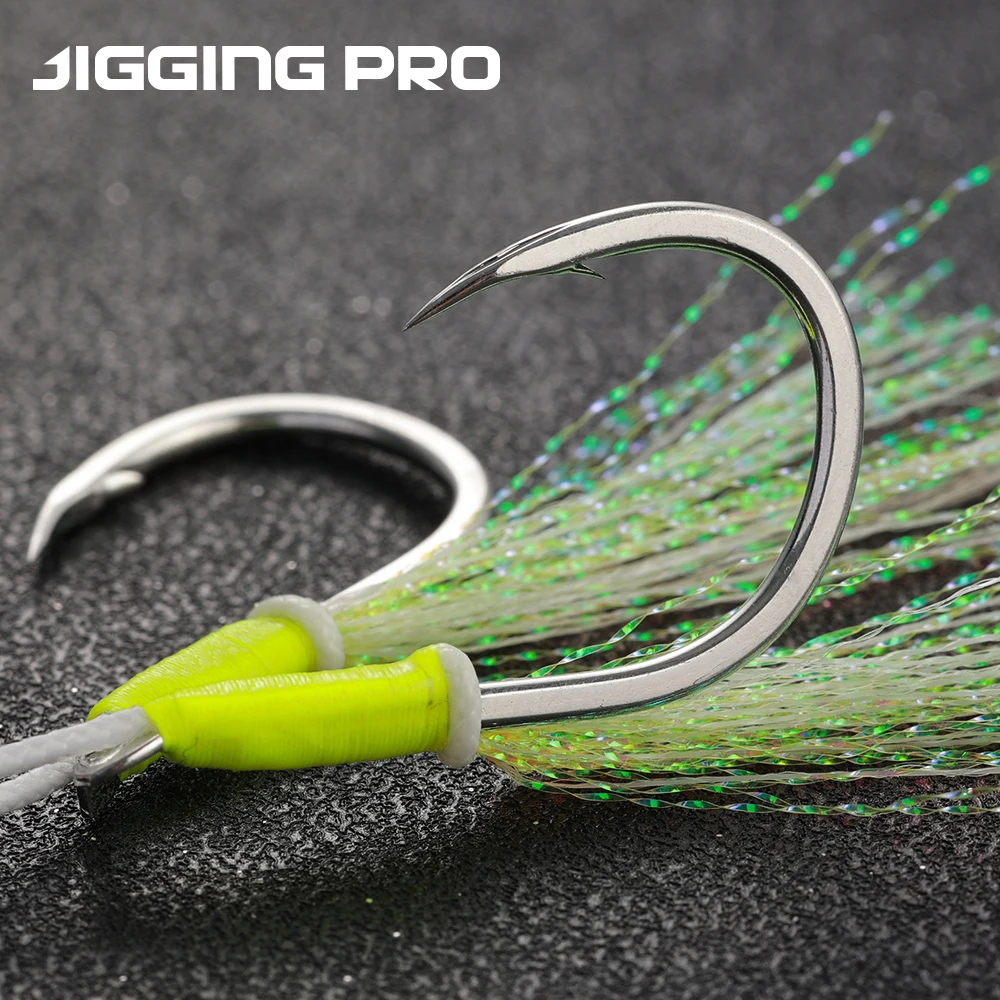 Jiggingpro 1/0 2/0 3/0 4/0 aparejos de pesca de mar anzuelo de pesca de Jigging lento anzuelos de doble asistencia brillantes - imagen 2