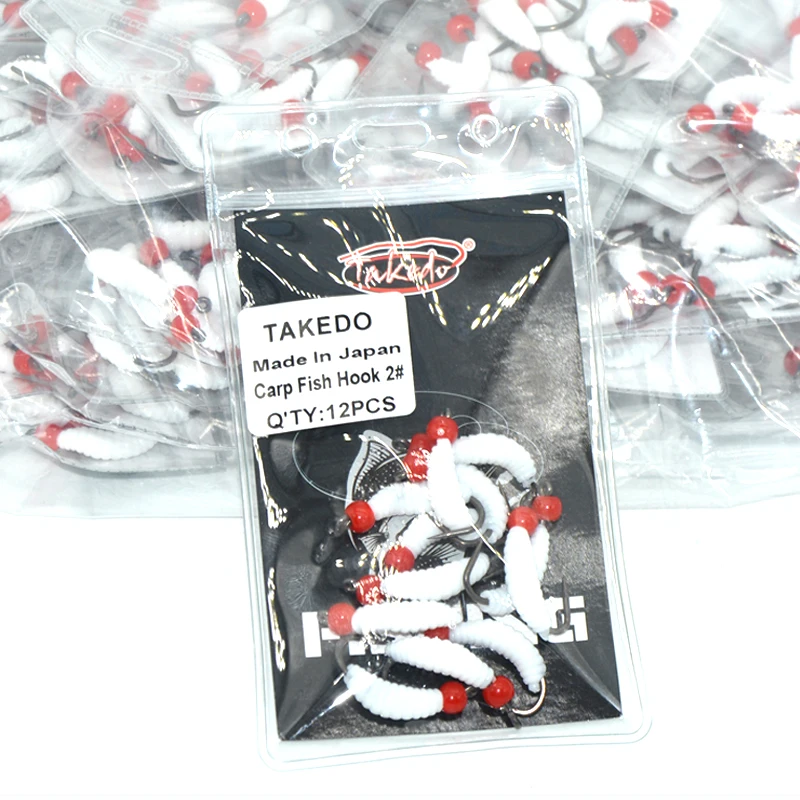 TAKEDO 12 Uds señuelo suave para pesca de carpa cebo larva cebos de señuelo suave olor cabeza roja pan gusano señuelo de pesca con mosca con gancho - imagen 2