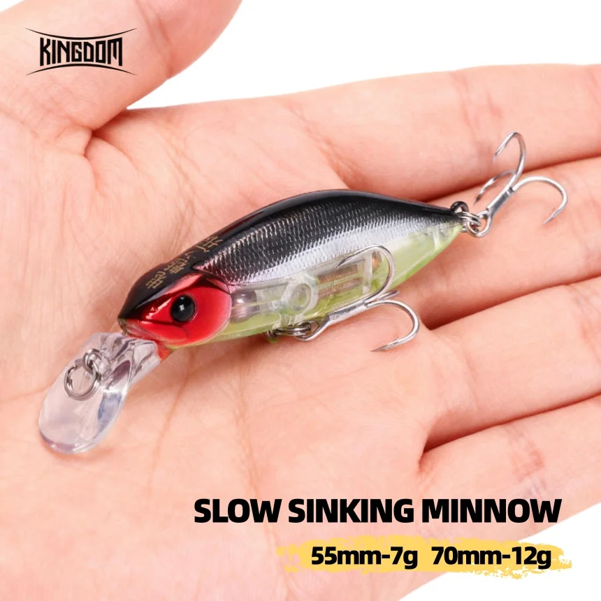 Kingdom-Señuelos de pesca de pececillo de hundimiento lento, 70mm, 12g, 55mm, 7g, cebos artificiales con ruido, Wobblers duros para pesca de lubina
