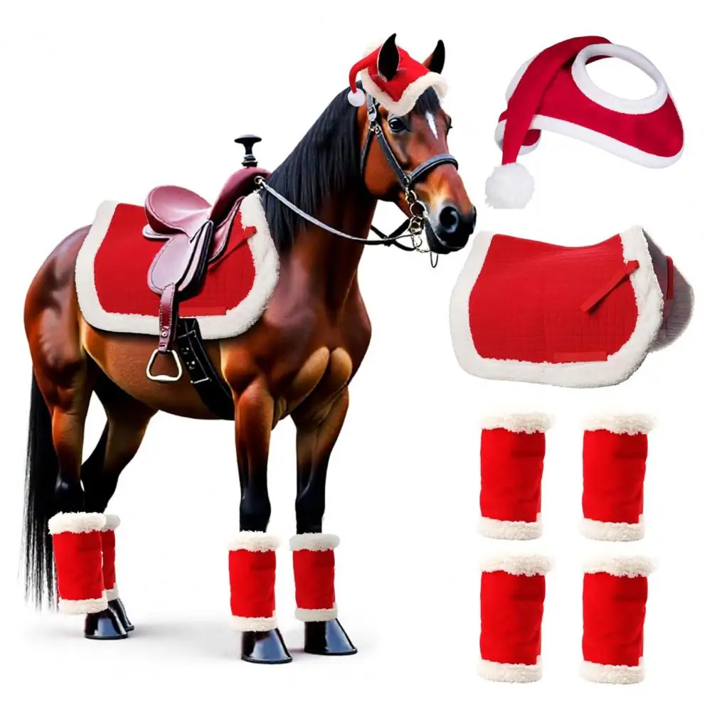 Disfraces de Navidad para caballos, sombrero de Papá Noel rojo, almohadilla para sillín de caballo, envolturas para piernas, accesorios de decoración, suministros para vacaciones de invierno, 1/4/7 Uds.