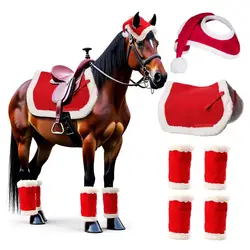 Disfraces de Navidad para caballos, sombrero de Papá Noel rojo, almohadilla para sillín de caballo, envolturas para piernas, accesorios de decoración, suministros para vacaciones de invierno, 1/4/7 Uds.