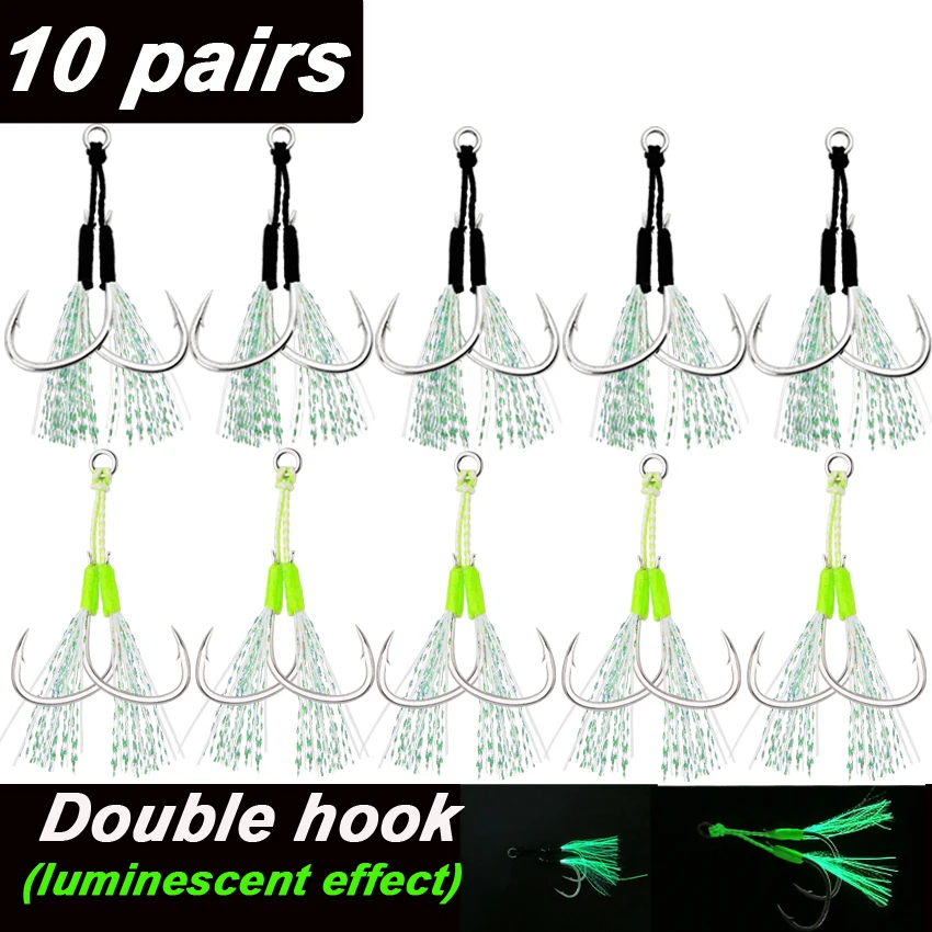 10 pares de anzuelos de asistencia de plantilla fundida, línea luminosa de plumas de acero inoxidable de alta resistencia, anillo sólido, cuchara de Jigging, anzuelo de agua salada