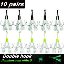 10 pares de anzuelos de asistencia de plantilla fundida, línea luminosa de plumas de acero inoxidable de alta resistencia, anillo sólido, cuchara de Jigging, anzuelo de agua salada