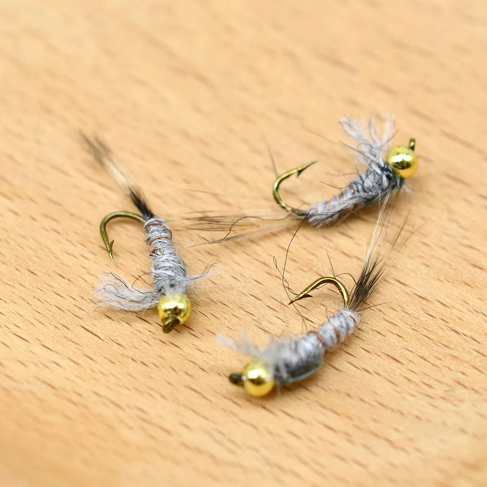 MNFT 10PCS 12 #   Cabeza de cuentas doradas Oreja de liebre gris Cola negra Ninfa Mosca Trucha Cebos de pesca con mosca - imagen 3
