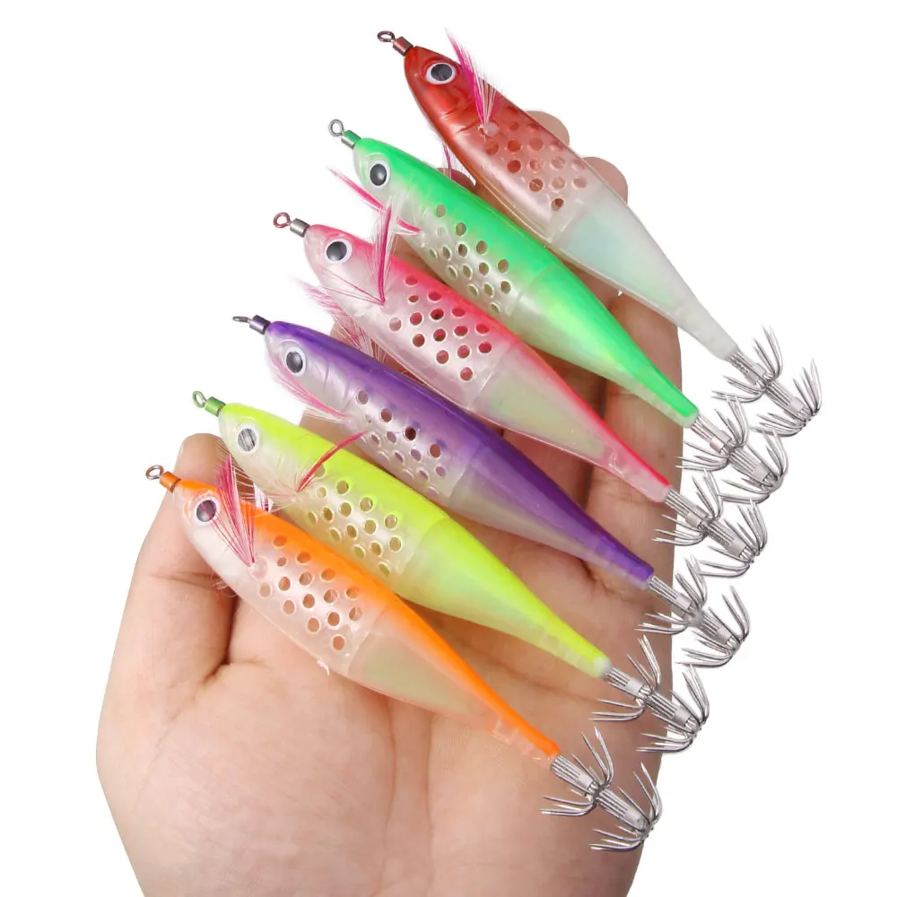 Plantilla de calamar luminosa para Pesca, 10g, 12cm, señuelos tipo Gamba de madera, 6 colores, cebo Artificial, pulpo, sepia, anzuelo de Pesca de agua salada, 1 ud. - imagen 2
