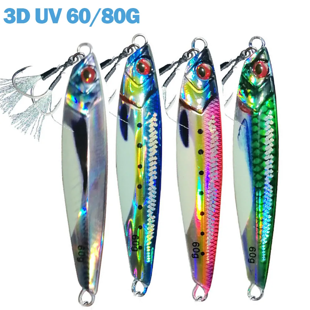 Plantilla de Metal UV 3D de 60g/80g, Jigging luminoso para tierra, lubina, atún, señuelo de pesca, cebo Artificial de agua salada, Jigpara para Mahi Marlin - imagen 2