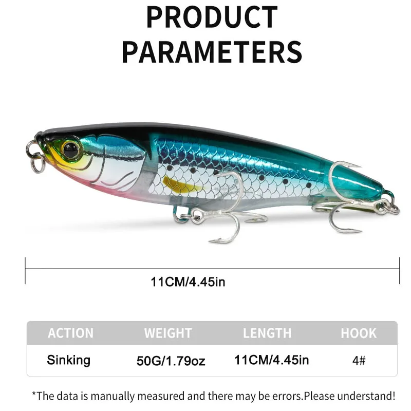 TAKEDO 11CM 50G cebo tipo lápiz que se hunde fundición larga plantilla de Metal señuelo de pesca Wobbers con 4 #   Anzuelos triples para atún Shark Bass - imagen 2