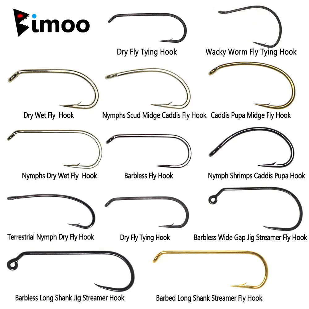 Bimoo 100PCS 1 # ~22 # Anzuelo para atar moscas de acero con alto contenido de carbono, púas y sin púas, Ninfa húmeda seca, Pupae Caddis Streamer, anzuelo de pesca para moscas
