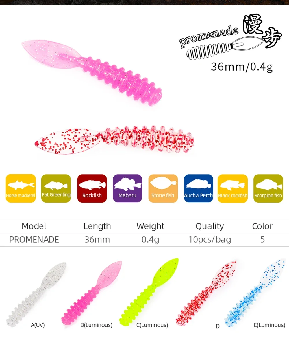 TSURINOYA 10 Uds 36mm 0,4g señuelo de pesca suave juego de pez roca PROMENADE AJING Swimbait Jig señuelos gusanos cebos artificiales - imagen 2