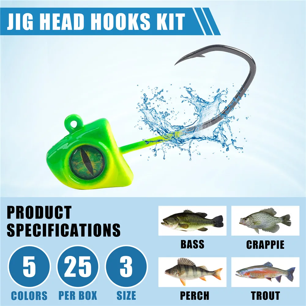 25 uds Crappie Jigs cabezas 1/32OZ 1/16OZ 1/8OZ ojos 3D pesca Jig Head gusano anzuelos para Crappie Panfish lubina señuelo pesca - imagen 4