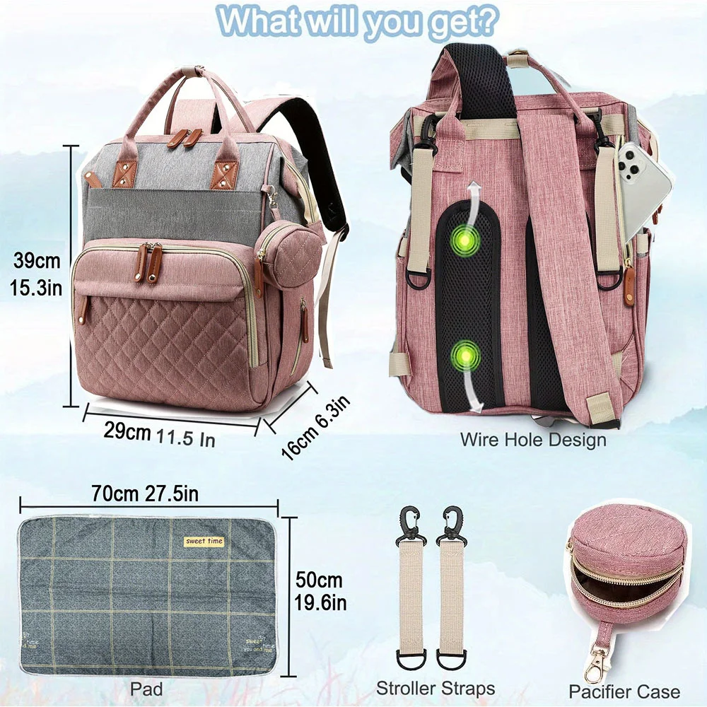 Bolsa de pañales Mochila Bolsa de bebé, Bolsa de pañales para bebé niña niño para papá mamá con almohadilla, 16 bolsillos, estuche para chupete, bolsa de pañales grande unisex - imagen 3
