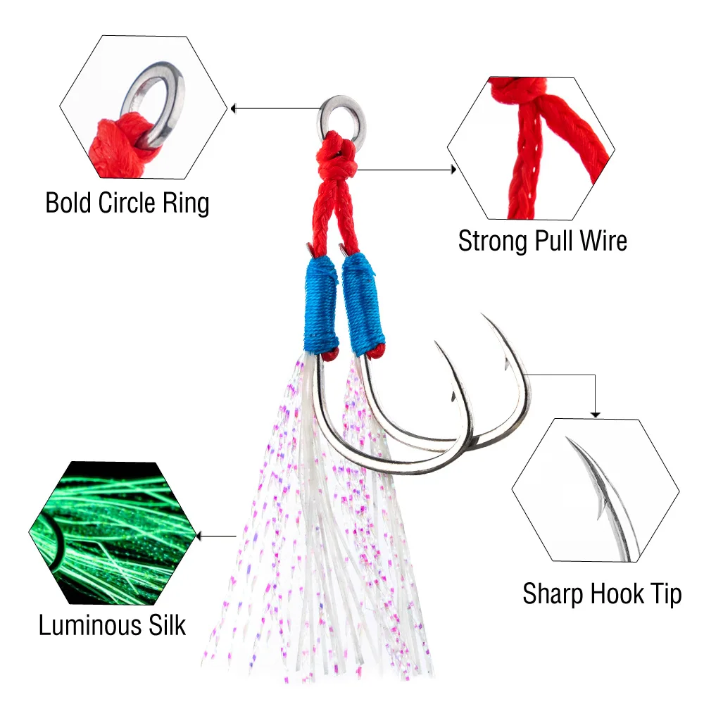 Gancho de ayuda de plantilla de Metal STBT, anzuelos dobles, anzuelo de Pesca de mar de acero rico en carbono, anzuelo brillante de fibra UV, Peche de Jigging lento para lubina - imagen 4