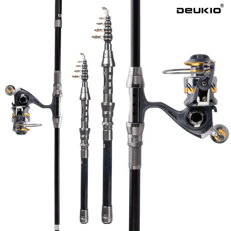 DEUKIO-combinación de caña de pescar y carrete, caña de pescar telescópica, carrete giratorio, arrastre máximo de 8Kg para pesca en la playa, agua dulce y salada