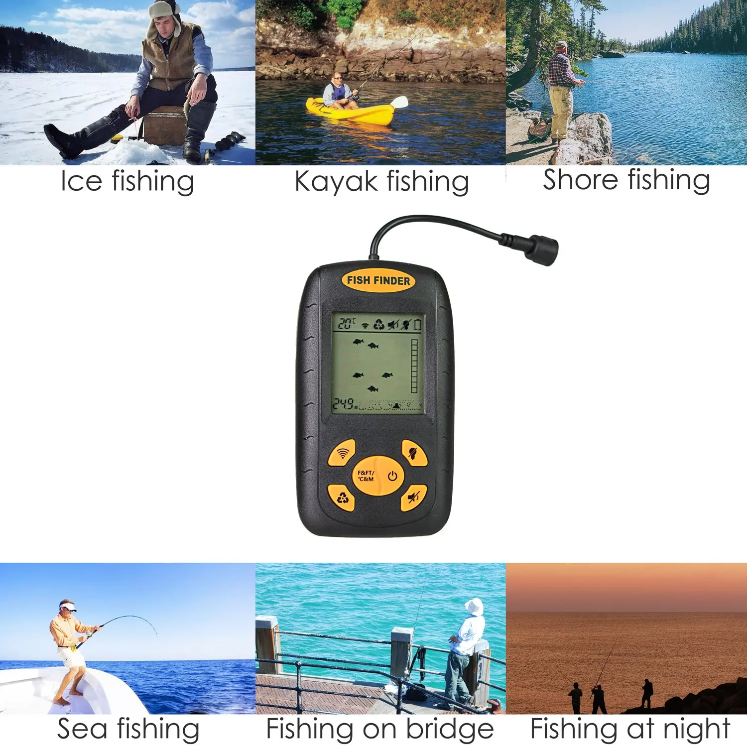 Sensor inteligente de buscador de peces, transductor de barco de pesca en hielo con cable, Sonar inalámbrico, buscador de profundidad de mano, Kayak, Waterpr, nuevo - imagen 5