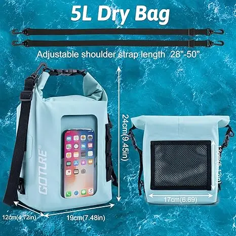 Bolsa seca Goture de 5L, bolsa impermeable de PVC 500D con correas para los hombros, bolsa para teléfono con pantalla táctil para pesca, Camping, viajes en la playa - imagen 4
