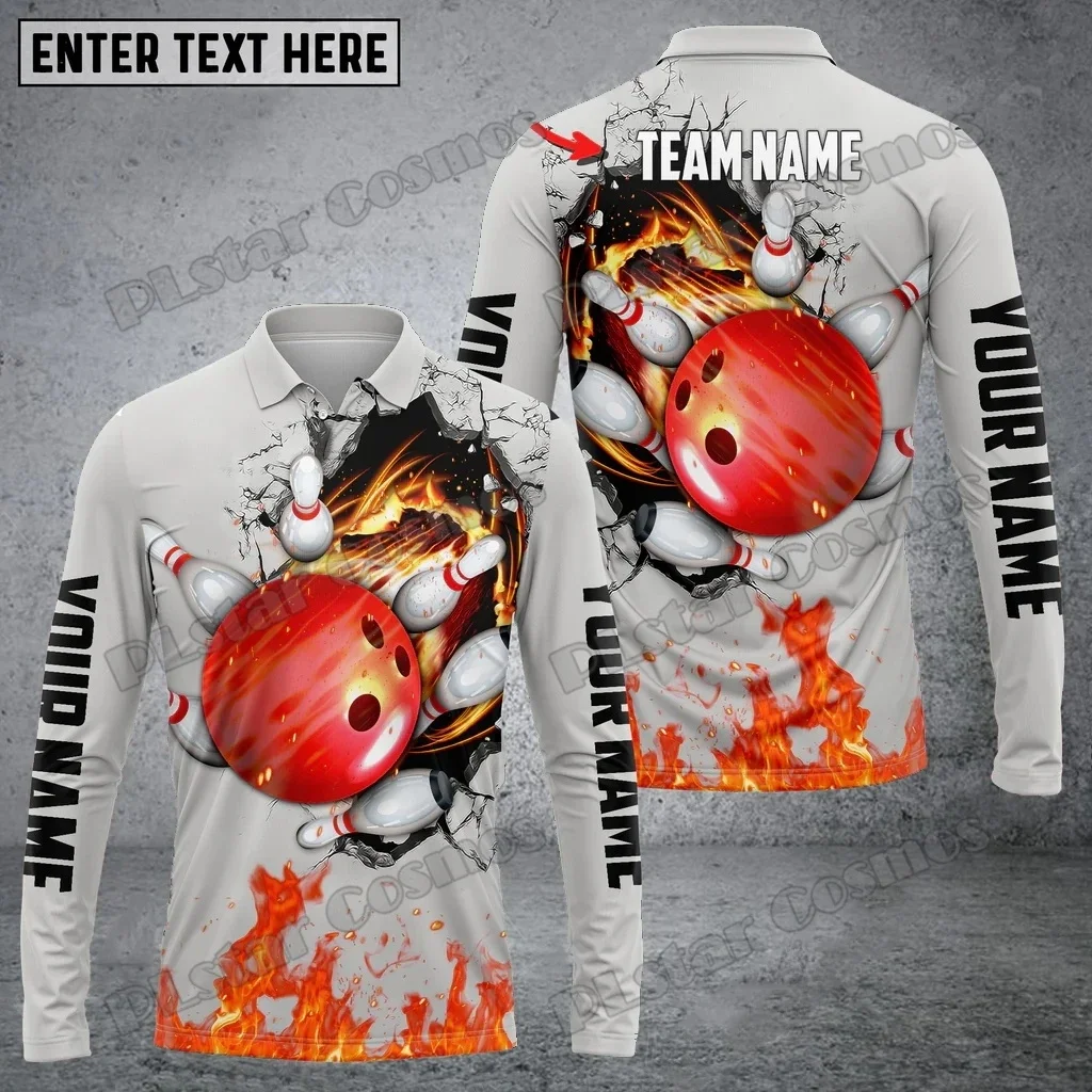 Polo de manga larga para hombre con estampado 3D de nombre personalizado con diseño de bolos y pines, Polo informal de otoño con solapa Unisex PLP76