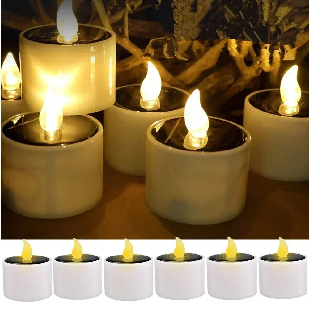 Velas Led solares de té sin llama para exteriores, luces de té solares impermeables, velas recargables para fiesta, jardín, decoración del hogar, 12 Uds. - imagen 4